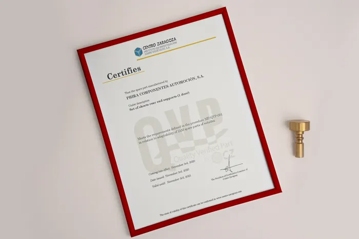 Centro Zaragoza QVP (Quality Verified Part) sertifikası, çerçeveli